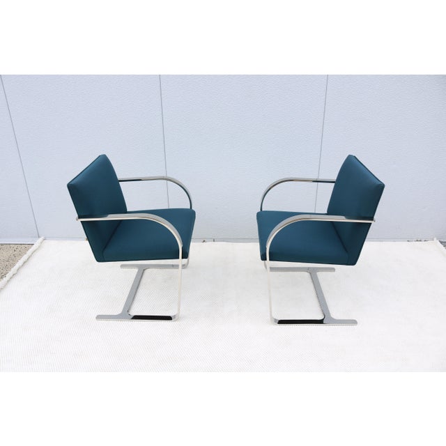 Ludwig Mies Van Der Rohe Brno Flat Bar Chairs in Blue Fabric by Gordon, a Pair For Sale - Image 13 of 18