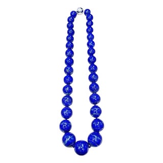 Vintage Lapis Lazuli Single Strand Necklace with Diamond Clasp 14 Kt White Gold For Sale