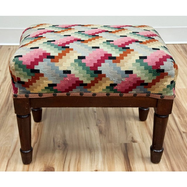 Vintage Colorful Patterned Needlepoint Footstool For Sale - Image 9 of 12