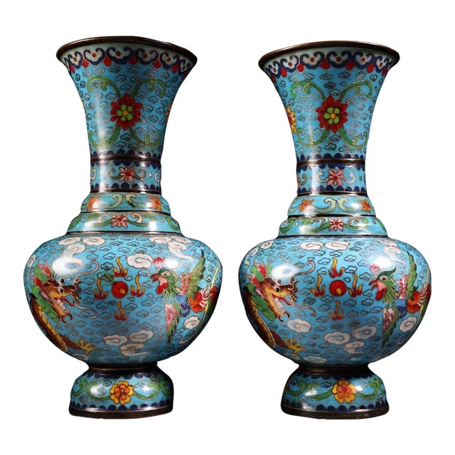 Pair of Cloisonne Enamel Vases – 11.8" Dragon & Phoenix Baluster Form With Qianlong Mark For Sale