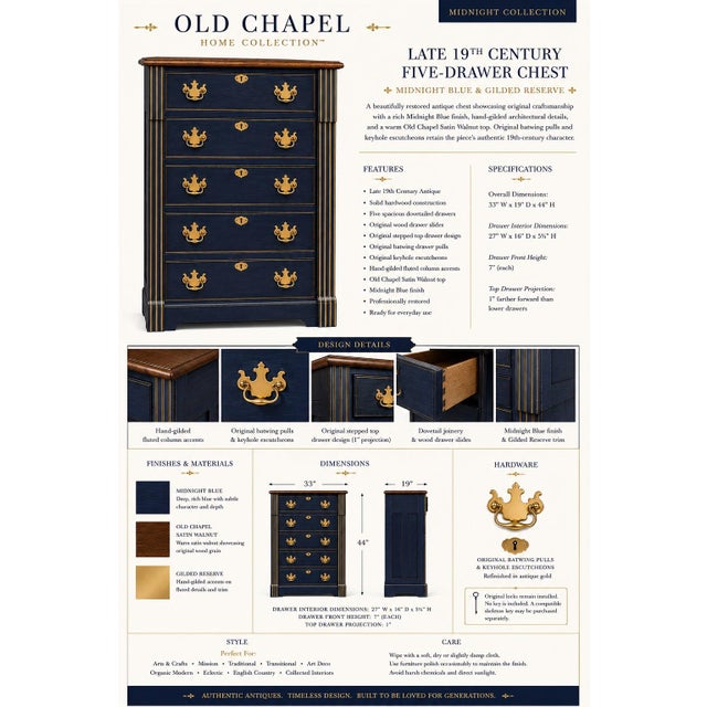 OLD CHAPEL HOME COLLECTION™ Late 19th Century Solid Wood Five-Drawer Dresser Midnight Blue™ & Old Chapel Satin Walnut™...