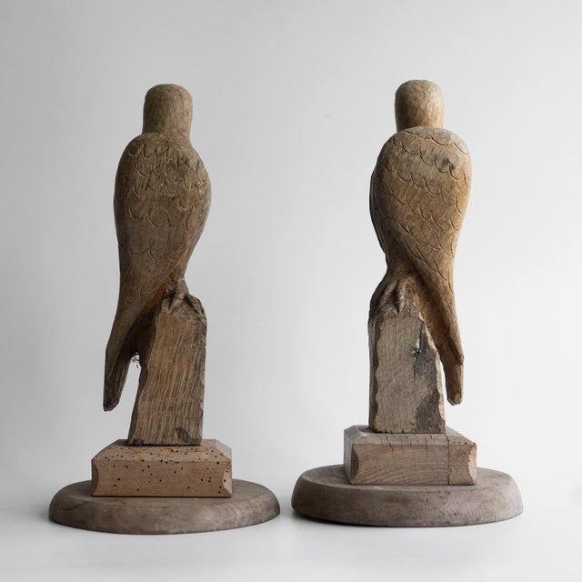 Pair of Antique French Folk Art Carved Oak Falcon Figures, Wooden Bird Sculpture For Sale - Image 12 of 14