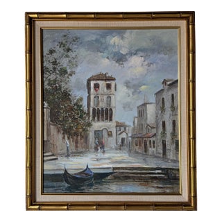 R. Pissarro European Canal Scene Oil on Canvas Painting - Framed For Sale