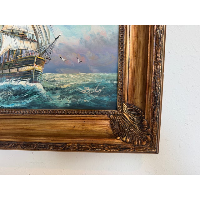 Signed Original Oil Painting on Canvas Seascape Gold Frame Maritime Nautical Art For Sale - Image 12 of 12