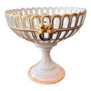Antique Old Paris porcelain reticulated compote with gold bow and black ring detail // French porcelain // gilt accents // tazza // elegant For Sale