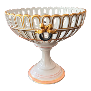 Antique Old Paris porcelain reticulated compote with gold bow and black ring detail // French porcelain // gilt accents // tazza // elegant