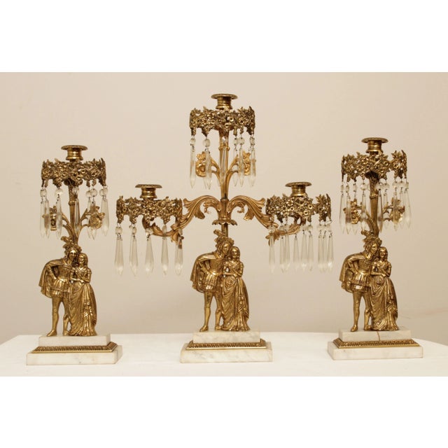 High Quality Set of 3 Victorian Polished Brass Candelabra with Prisms, Marble Bases