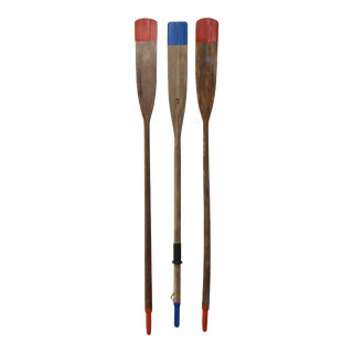1950s Nautical Oak Wood Boat Oars With Red and Blue Accenting - S/3 For Sale