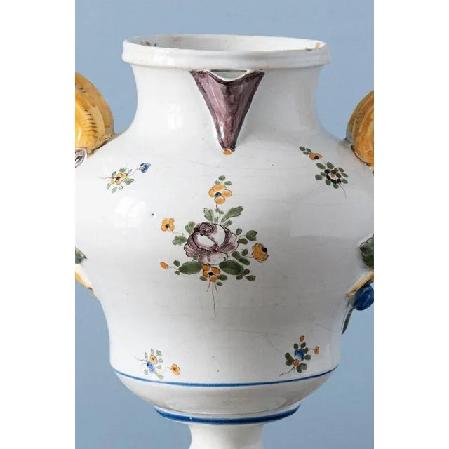 French Floral Faience Double-Handle Vase, 18th Century For Sale - Image 6 of 11