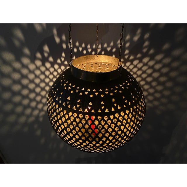 Middle-Eastern Pierced Brass Hanging Globe Lantern For Sale - Image 10 of 11