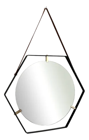 Italian Esagonal Floating Wall Mirror with Leather Strap and Brass Details, 1960s