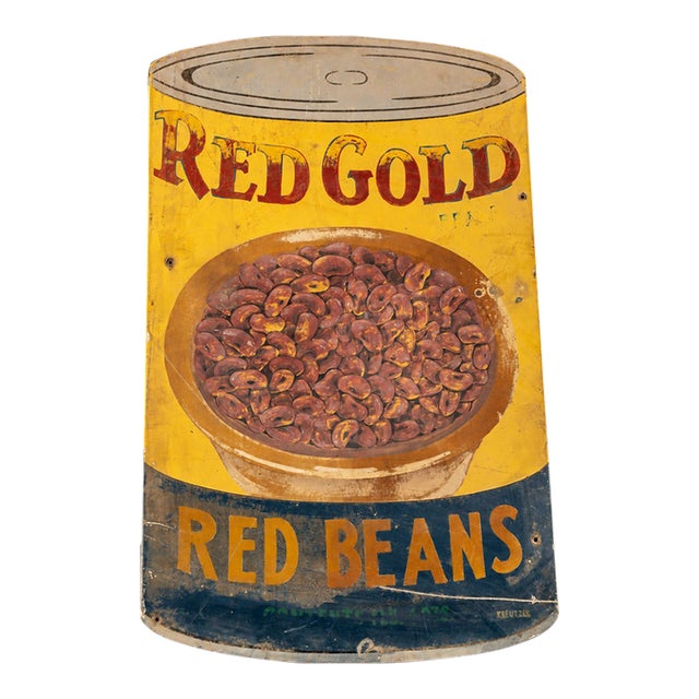 1940s Heavy Painted Steel Red Gold Advertising Sign - Red Beans For Sale
