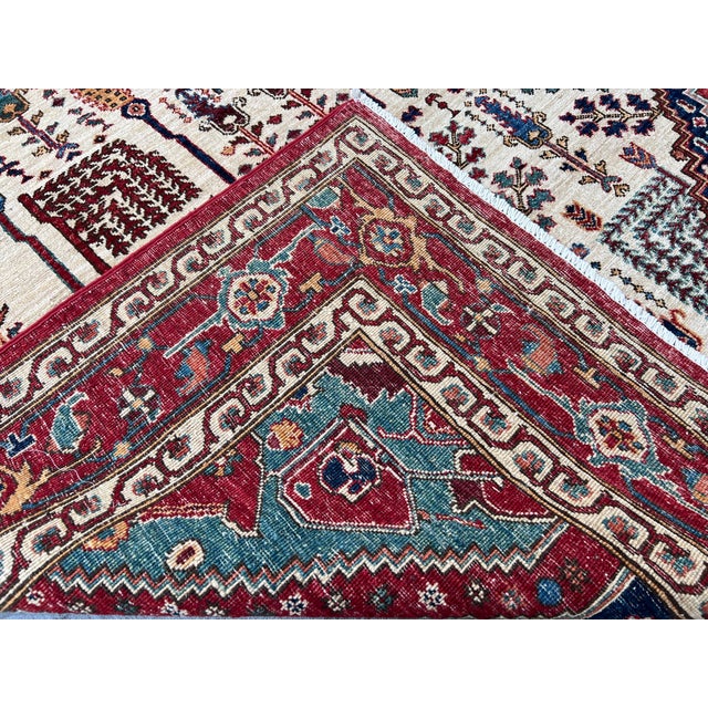 Hand‑Knotted Afghan Serapi Tree of Life Rug 5'11"×8'11" – Cream Field & Red Niche Floral Design For Sale - Image 4 of 12