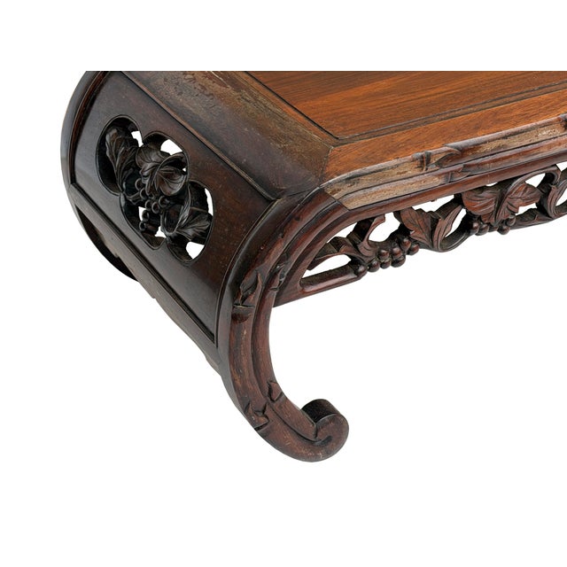 Coffee Dark Brown Flower Motif Apron Scroll Leg Low Kang Coffee Table For Sale - Image 8 of 10