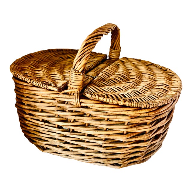 Vintage French Provençal Rattan Wicker Picnic Basket With Woven Handle, Leather Straps, and Double Hinged Lid, 1960s For Sale