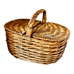 Vintage French Provençal Rattan Wicker Picnic Basket With Woven Handle, Leather Straps, and Double Hinged Lid, 1960s