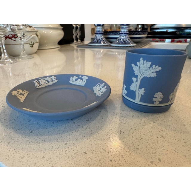 Ceramic Cream Color on Lavender (Pale Blue) Jasperware Tea Coffee Cup and Saucer For Sale - Image 7 of 12