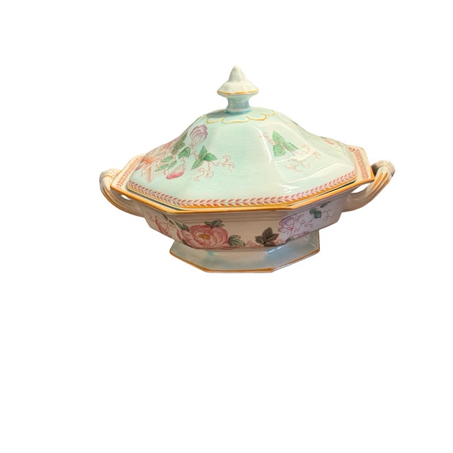 Ceramic Vintage Chinoiserie Adams Calyx Ware Metz Aqua Blue Octagonal Covered Serving Dish For Sale - Image 7 of 11