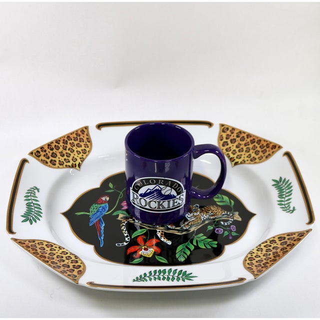 1990s Lynn Chase Porcelain Jaguar Jungle 14" Octagonal Serving Platter With Gold Trim For Sale - Image 12 of 14