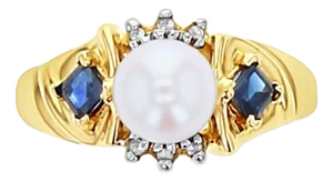 Freshwater Pearl, Sapphire & Diamond Cluster Ring 10k Yellow Gold, Size 5