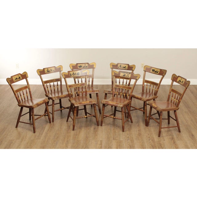 High Quality Set of Eight Reproduction Half Spindle-Back Grain-Painted Dining Chairs with Silhouette Decorated Backrests