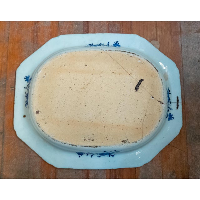 18th Century Chinese Blue and White Canton Export Vegetable Tray With Repair For Sale - Image 9 of 12