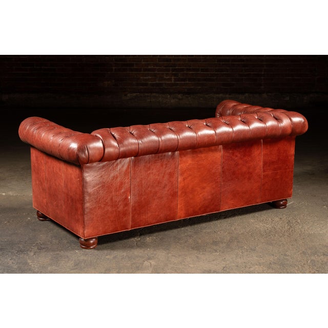 Wood Vintage Burnt-Red Leather Tufted Chesterfield Sofa With Nailhead Trim For Sale - Image 7 of 18