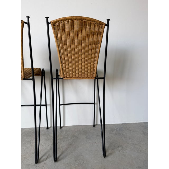 1970's Frederic Weinberg Style Rattan & Iron Bar Stools - Set of 3 For Sale - Image 13 of 14