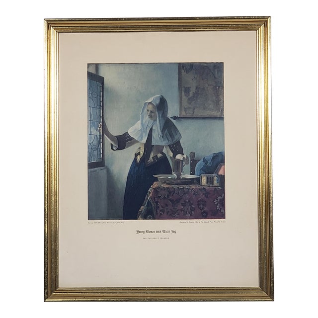 Vintage Original Johannes Vermeer "Young Woman With Water Jug" Offset Print, Framed With Glass For Sale