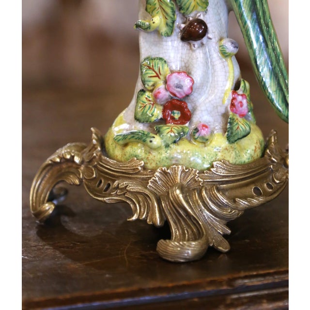 Chinese Mid-Century Chinese Export Porcelain Parrot Candlesticks on Gilt Bronze Bases - a Pair For Sale - Image 3 of 11