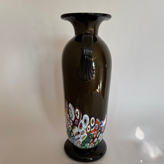 1970s Signed Gambaro & Poggi Murano Millefiori Aventurine Art Glass Vase With Scroll Handles For Sale - Image 5 of 13
