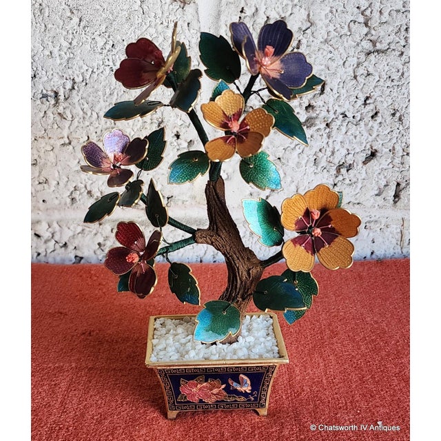 Vintage Chinese Cloisonné Guilloche Enamel Bonsai Tree in Decorative Brass Pot For Sale In New York - Image 6 of 9