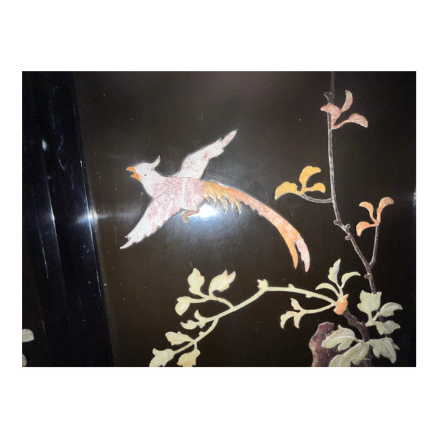 Vintage Chinese Black Lacquered Panels Carved Stone Inlay Birds For Sale