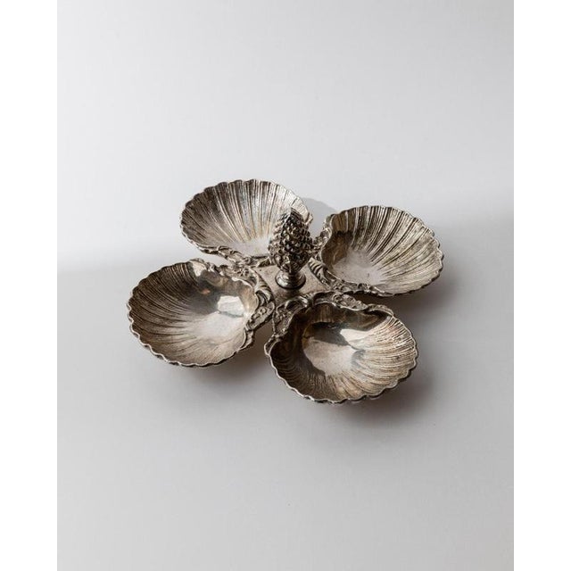 Metal Art Deco Silver-Plated Centerpiece with Shell Dishes and Pinecone Handle, 1930s, Set of 5 For Sale - Image 7 of 11