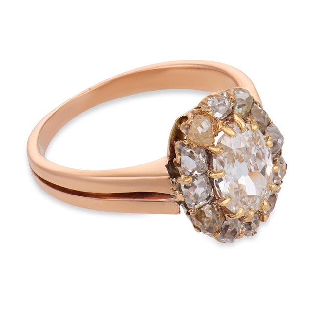 Early 20th Century Victorian Gia 1.01 Carat Diamond 14k Rose Gold Cluster Engagement Ring, Size 6.5 For Sale - Image 4 of 6