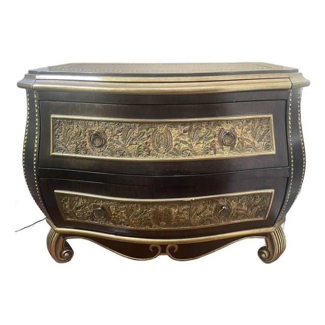 Late 20th Century Bombe Chest With Embossed Floral Panels, Gold Detail – Hollywood Regency Style For Sale