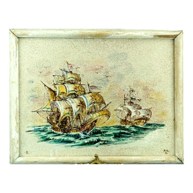 Vintage Italian Ceramic Tile with Ships and Sailing Ships by Lino Berzoini for the MGA Mazzotti Factory, 1930s For Sale