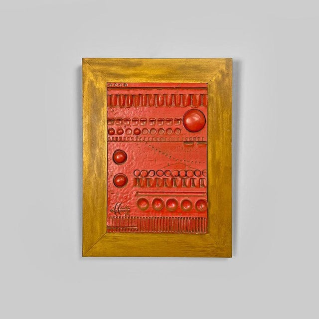 Argentine modern red ceramic golden wood sculpture painting by Carlos Carlè 1974 Rectangular sculpture painting in red...
