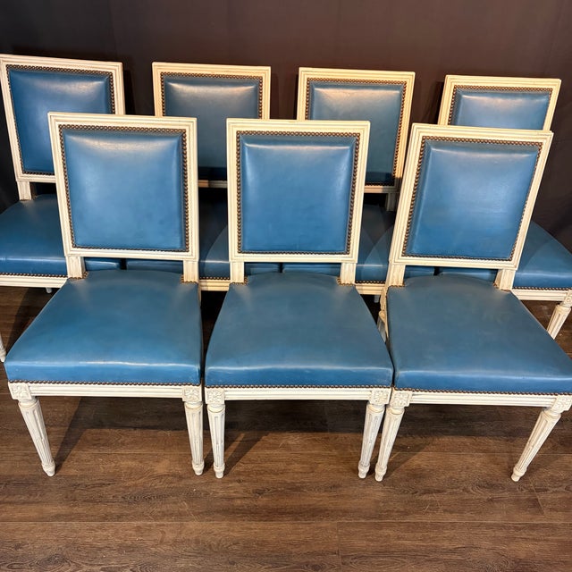 French French Louis XVI White Painted Blue Leather Dining Chairs -Set of 8 For Sale - Image 3 of 12
