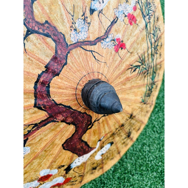 1950s Vintage Asian Rice Paper Parasol Umbrella Hand Painted Floral Bamboo Antique Art For Sale - Image 5 of 6