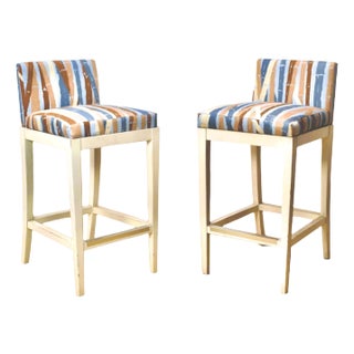 Pair | Large Vintage Wooden Bar Stools With Bamboo Fabric For Sale