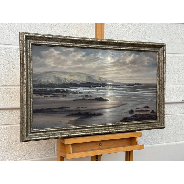 Textile Beach Seascape Painting of the Devon Coastline at Sunrise on South Coast of England 1990 Circa For Sale - Image 7 of 14