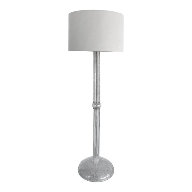 1980s Italian Seguso Silver-Infused Blown Murano Glass Floor Lamp With Fabric Shade For Sale