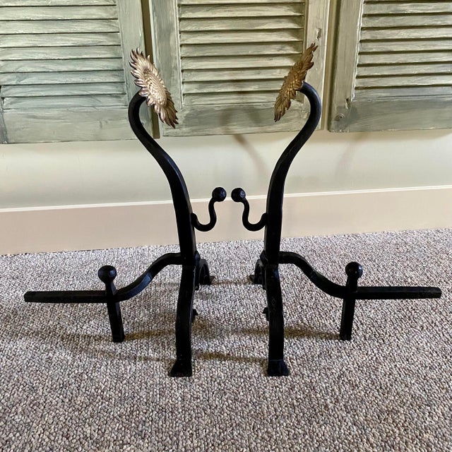 Iron and Brass Sunflower Andirons - A Pair For Sale - Image 12 of 18