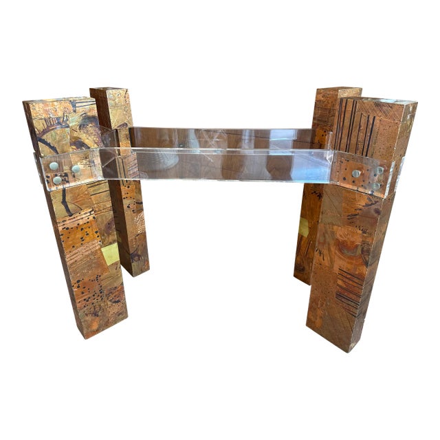 Mid Century Patchwork Metal Brass Copper Lucite Brutalist Dining Table Base For Sale