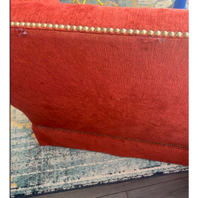 Vintage Rust Red Wingback Settee Sofa With Nailhead Trim & Carved Finials For Sale - Image 10 of 12
