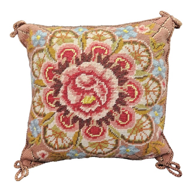 Vintage Handmade Needlepoint, Floral Pillow For Sale