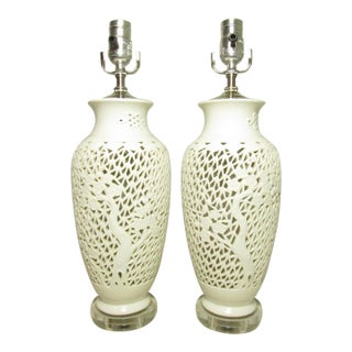 Pair of Chinese Blanc De Chine Pierced Porcelain Lamps For Sale