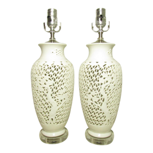Pair of Chinese Blanc De Chine Pierced Porcelain Lamps