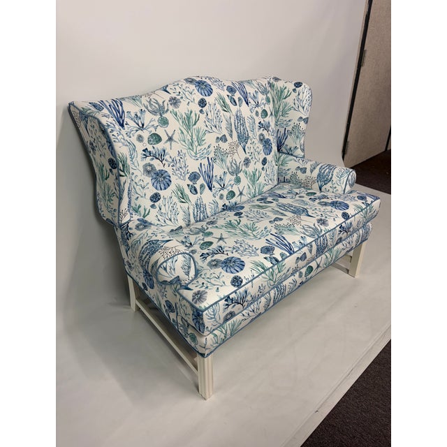 Upholstered Loveseat in Coastal Coral Print For Sale - Image 4 of 5